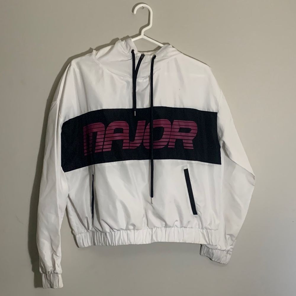 Forever 21 - ‘Major’ Windbreaker Pullover Hoodie - White - Size S